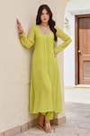 Palak & Mehak_Green Rayon Lurex Print Bandhani V Neck Shikha Kurta With Pant _Online_at_Aza_Fashions