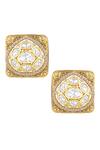 Shop_HRISHA_Gold Plated Diamonds, Gota Patti Floral Carved Studs _at_Aza_Fashions