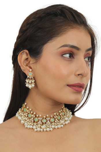Buy_Riana Jewellery_Gold Plated Glitter, Pearls, Stones Bead Drop Necklace Set _at_Aza_Fashions