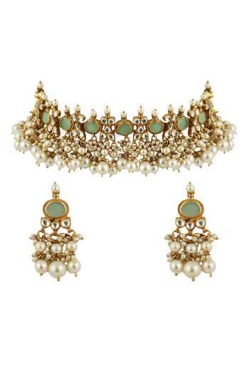 Shop_Riana Jewellery_Gold Plated Glitter, Pearls, Stones Bead Drop Necklace Set _at_Aza_Fashions