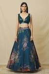 Buy_Angad Singh_Blue Organza Embroidered Sequin Plunge Floral Blossom Print Lehenga Set _Online_at_Aza_Fashions