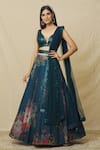 Shop_Angad Singh_Blue Organza Embroidered Sequin Plunge Floral Blossom Print Lehenga Set _Online_at_Aza_Fashions