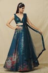 Angad Singh_Blue Organza Embroidered Sequin Plunge Floral Blossom Print Lehenga Set _at_Aza_Fashions