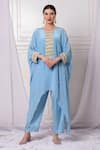 Buy_Bha Sha_Blue Crepe, Satin Embroidery Round Neck Placket Kaftan And Pant Set _at_Aza_Fashions