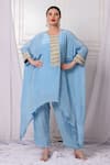 Bha Sha_Blue Crepe, Satin Embroidery Round Neck Placket Kaftan And Pant Set _Online_at_Aza_Fashions