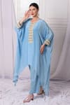Buy_Bha Sha_Blue Crepe, Satin Embroidery Round Neck Placket Kaftan And Pant Set _Online_at_Aza_Fashions