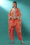 Buy_Bha Sha_Pink Georgette, Satin Embroidery Round Neck Cuff Kaftan And Pant Set _at_Aza_Fashions