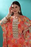 Shop_Bha Sha_Pink Georgette, Satin Embroidery Round Neck Cuff Kaftan And Pant Set _Online_at_Aza_Fashions