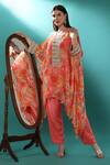 Buy_Bha Sha_Pink Georgette, Satin Embroidery Round Neck Cuff Kaftan And Pant Set 