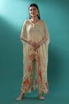 Bha Sha_Ivory Georgette, Satin Sequins, Pearls V-neck Floral Print Kaftan And Pant Set _Online_at_Aza_Fashions