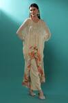Buy_Bha Sha_Ivory Georgette, Satin Sequins, Pearls V-neck Floral Print Kaftan And Pant Set _Online_at_Aza_Fashions