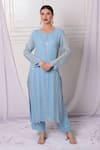 Bha Sha_Blue Georgette, Net, Satin Sequins, Cut Work, Pearls Embroidered Kurta Pant Set _at_Aza_Fashions