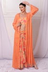 Buy_Bha Sha_Orange Chanderi, Georgette Embroidery, Pearls Floral Print Jacket Pant Set _at_Aza_Fashions