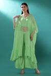 Shop_Bha Sha_Green Georgette, Satin Embroidery V-neck Mirror And Resham Kaftan Pant Set _Online_at_Aza_Fashions