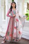 Buy_BAIRAAS_Peach Angrakha- Muslin Printed Stripe And Floral V Neck & With Dupatta _at_Aza_Fashions