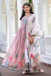 Shop_BAIRAAS_Peach Angrakha- Muslin Printed Stripe And Floral V Neck & With Dupatta_at_Aza_Fashions