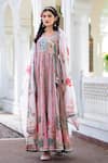 BAIRAAS_Peach Angrakha- Muslin Printed Stripe And Floral V Neck & With Dupatta_Online_at_Aza_Fashions