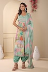 Buy_BAIRAAS_Green Kurta- Muslin Printed Floral V Neck Side Slit Pant Set_at_Aza_Fashions