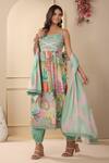 BAIRAAS_Green Kurta- Muslin Printed Floral V Neck Side Slit Pant Set_at_Aza_Fashions