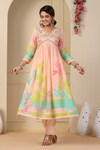 Shop_BAIRAAS_Peach Cotton Printed Floral V Neck Side Slit Kurta Pant Set_Online_at_Aza_Fashions