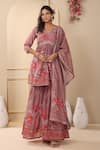 Buy_BAIRAAS_Pink Cotton Printed Floral V Neck Peplum Kurta Sharara Set _at_Aza_Fashions