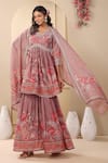 BAIRAAS_Pink Cotton Printed Floral V Neck Peplum Kurta Sharara Set _at_Aza_Fashions