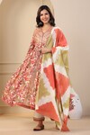 Buy_BAIRAAS_Orange Cotton Printed Leaf V Neck Front Slit Anarkali Set_Online_at_Aza_Fashions