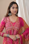 BAIRAAS_Pink Anarkali Muslin Printed Floral V Neck Flower Set With Tie Dye Dupatta _Online_at_Aza_Fashions