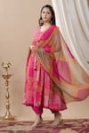 Shop_BAIRAAS_Pink Anarkali Muslin Printed Floral V Neck Flower Set With Tie Dye Dupatta _Online_at_Aza_Fashions