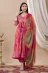 BAIRAAS_Pink Anarkali Muslin Printed Floral V Neck Flower Set With Tie Dye Dupatta _at_Aza_Fashions