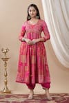 Buy_BAIRAAS_Pink Anarkali Muslin Printed Floral V Neck Flower Set With Tie Dye Dupatta 