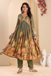 Buy_BAIRAAS_Green Anarkali Muslin Printed Floral V Neck Lotus Pant Set_Online_at_Aza_Fashions