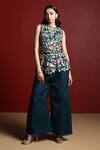 Buy_28 Threads_Blue Silk Embroidery Resham Boat Neck Floral Peplum Top And Flared Pant Set_at_Aza_Fashions
