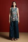 Shop_28 Threads_Blue Silk Embroidery Resham Boat Neck Floral Peplum Top And Flared Pant Set_at_Aza_Fashions
