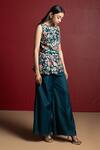 28 Threads_Blue Silk Embroidery Resham Boat Neck Floral Peplum Top And Flared Pant Set_Online_at_Aza_Fashions