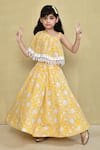 Buy_Samyukta Singhania_Yellow Cotton Handblock Print Floral One Shoulder Blouse With Lehenga _at_Aza_Fashions