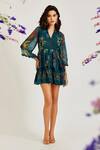 Buy_Varun Bahl_Green Georgette V-neck Summer Flower Print Short Dress_at_Aza_Fashions