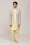 Buy_Aryavir Malhotra_Gold Sherwani Rani Digital Jacquard Printed Geometric Overlay With Dhoti Pant _Online_at_Aza_Fashions