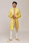 Buy_Aryavir Malhotra_Yellow Sherwani Zari Jacquard Woven Floral Panel With Churidar _at_Aza_Fashions