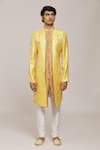 Aryavir Malhotra_Yellow Sherwani Zari Jacquard Woven Floral Panel With Churidar _Online_at_Aza_Fashions