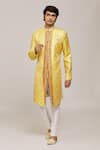 Buy_Aryavir Malhotra_Yellow Sherwani Zari Jacquard Woven Floral Panel With Churidar _Online_at_Aza_Fashions