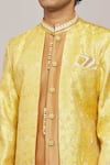 Shop_Aryavir Malhotra_Yellow Sherwani Zari Jacquard Woven Floral Panel With Churidar _Online_at_Aza_Fashions