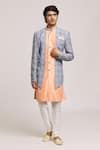 Aryavir Malhotra_Peach Sherwani Rani Digital Jacquard Printed Mosaic Panel With Churidar _Online_at_Aza_Fashions