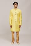 Aryavir Malhotra_Yellow Sherwani Banarasi Zari Jacquard Embroidered Sequin Jaal With Churidar _Online_at_Aza_Fashions