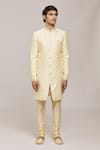 Aryavir Malhotra_Gold Sherwani Zari Jacquard Textured Diamond Pattern With Churidar _Online_at_Aza_Fashions