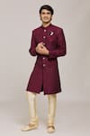 Buy_Aryavir Malhotra_Wine Sherwani Computer Embroidery Jacquard Triangle Pattern With Churidar _at_Aza_Fashions