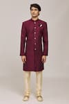 Aryavir Malhotra_Wine Sherwani Computer Embroidery Jacquard Triangle Pattern With Churidar _Online_at_Aza_Fashions