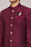 Shop_Aryavir Malhotra_Wine Sherwani Computer Embroidery Jacquard Triangle Pattern With Churidar _Online_at_Aza_Fashions