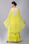 Shop_Keith Gomes_Yellow Georgette, Silk Organza Pearls, Yoke Embroidered Cape Tunic And Palazzo Set _at_Aza_Fashions