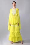 Keith Gomes_Yellow Georgette, Silk Organza Pearls, Yoke Embroidered Cape Tunic And Palazzo Set _Online_at_Aza_Fashions